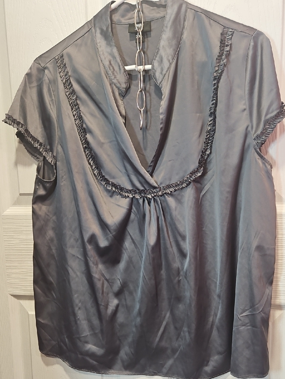 Massimo Satin-Look Gray Blouse with Ruffle Trim